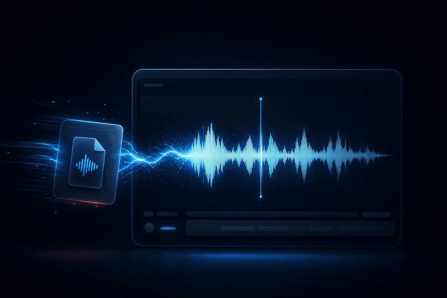 A podcast file flowing into a glowing audio waveform