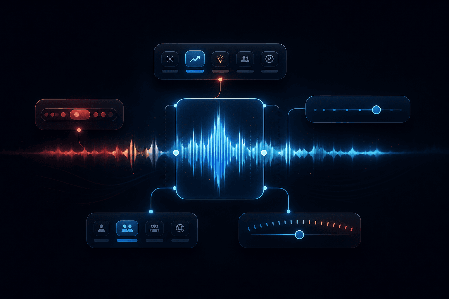 A glowing waveform surrounded by direction controls